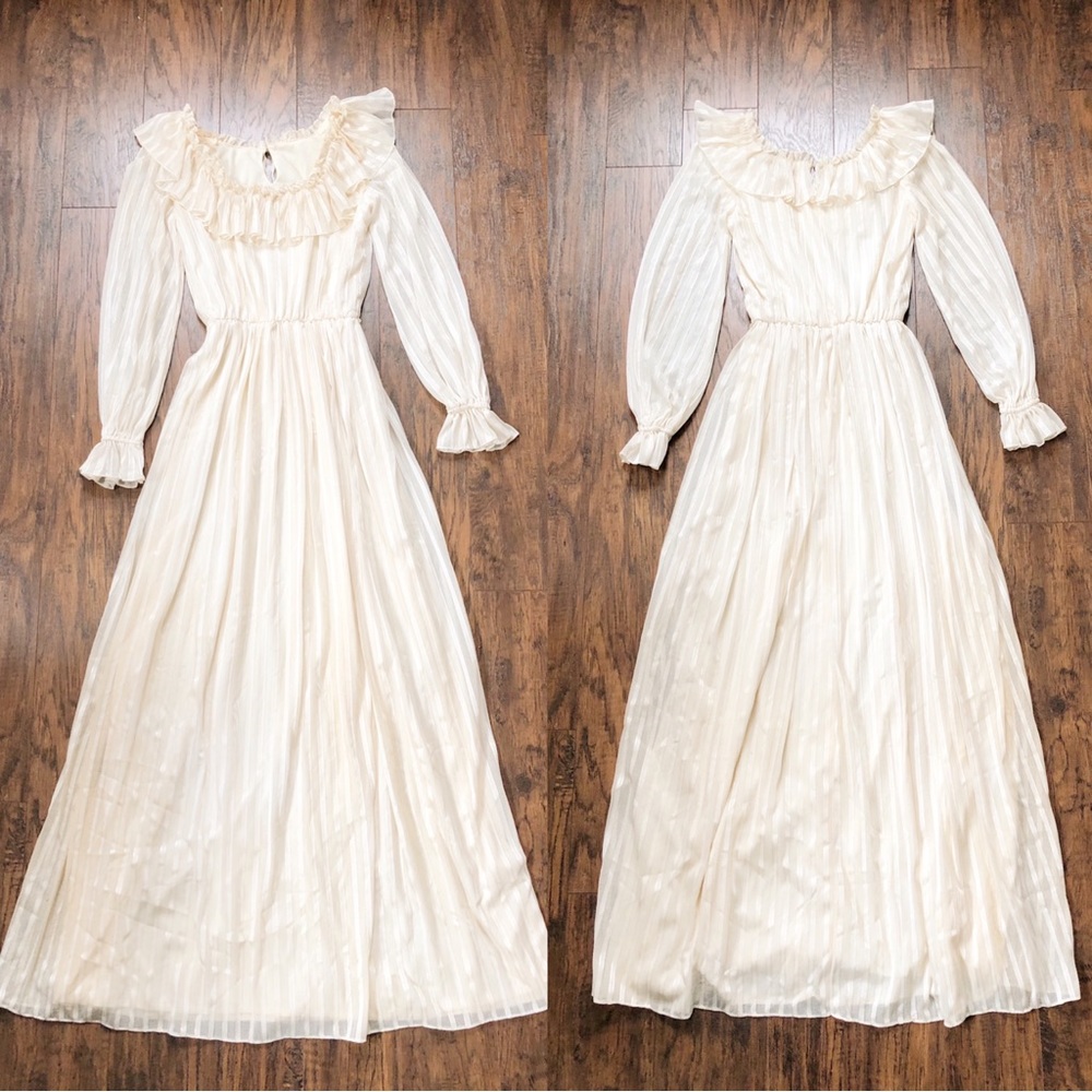 SOLD vintage • 70s cream maxi dress striped boho peasant fairy coquette bride - Picture 2 of 13